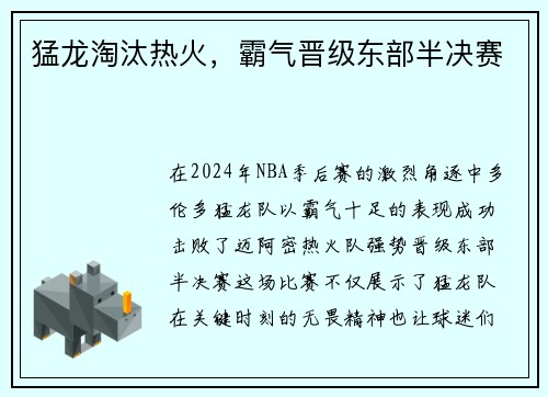 猛龙淘汰热火，霸气晋级东部半决赛