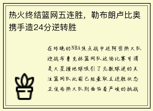 热火终结篮网五连胜，勒布朗卢比奥携手造24分逆转胜