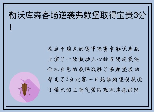 勒沃库森客场逆袭弗赖堡取得宝贵3分！