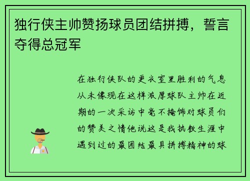 独行侠主帅赞扬球员团结拼搏，誓言夺得总冠军